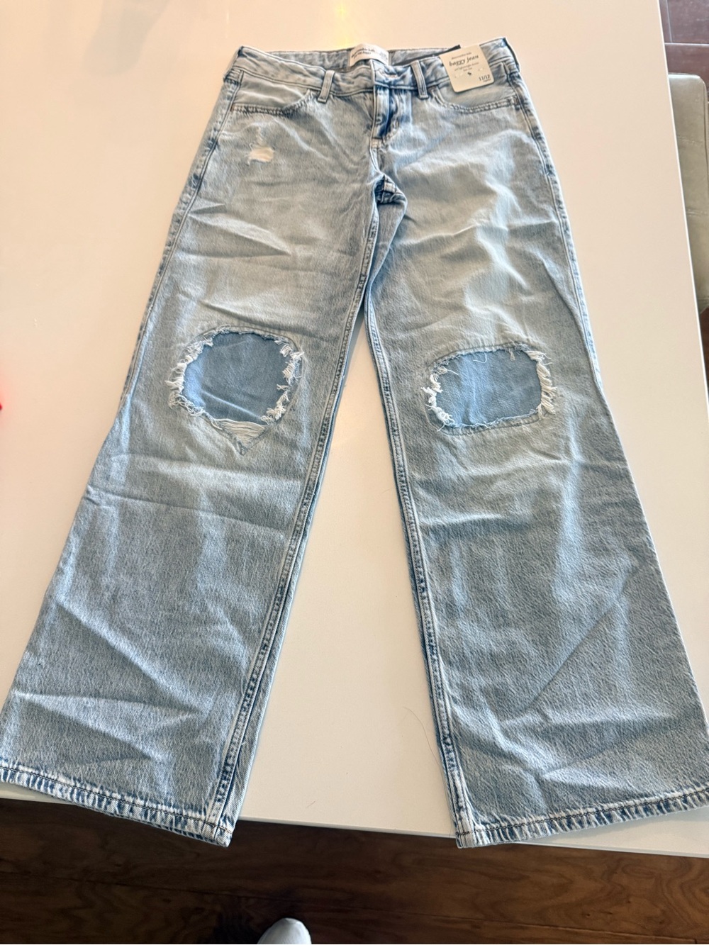 abercrombie kids Light Blue Distressed Wide-Leg Jeans